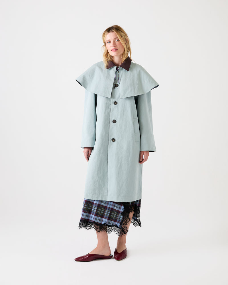 Chocolate and blue REVERSIBLE TRENCH COAT